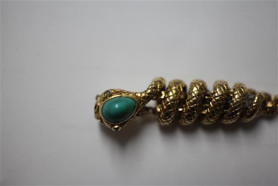 A late Victorian 9ct gold guard chain with gem set entwined serpent slide,